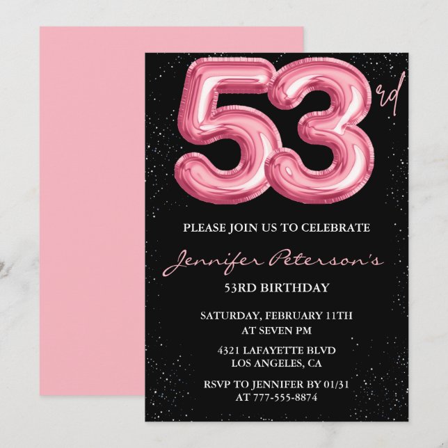 Black Pink 53rd birthday invitations Balloon Glam  (Front/Back)
