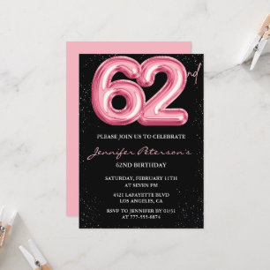 Black Pink 62nd birthday invitations Balloon Glam 