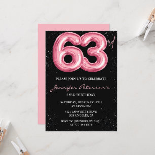 Black Pink 63rd birthday invitations Balloon Glam