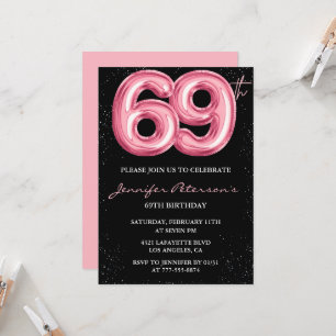 Black Pink 69th birthday invitations Balloon Glam