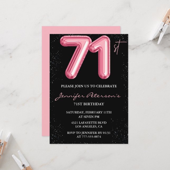 Black Pink 71st birthday invitations Balloon Glam  (Front/Back In Situ)