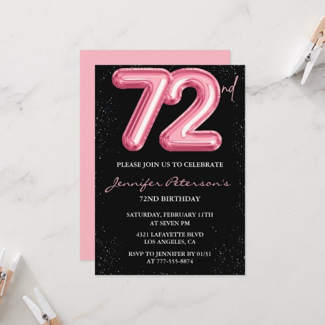 Black Pink 72nd birthday invitations Balloon Glam  (Front/Back In Situ)