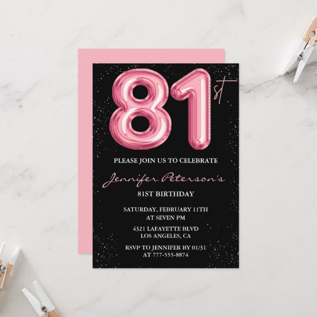 Black Pink 81st birthday invitations Balloon Glam  (Front/Back In Situ)