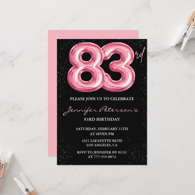 Black Pink 83rd birthday invitations Balloon Glam  (Front/Back In Situ)