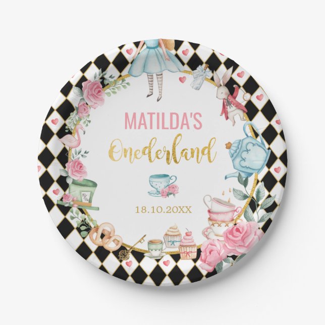 Black Pink Alice in Wonderland 1st Birthday Favors Paper Plates (Front)