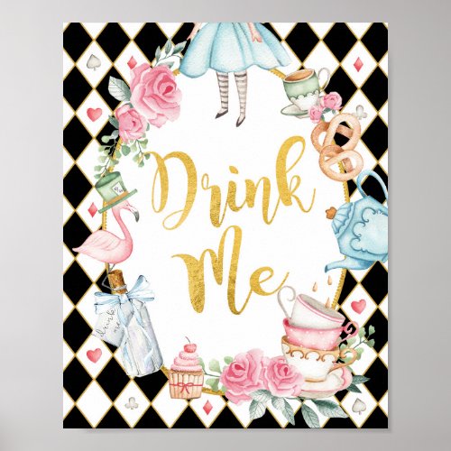 Black Pink Alice in Wonderland DRINK ME Party Sign