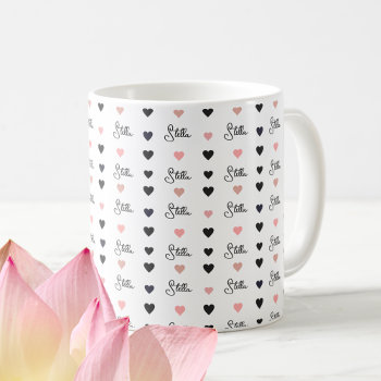 Black / Pink Aligned Hearts With Custom Name White Coffee Mug by mixedworld at Zazzle