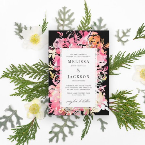 Black  Pink and Blush Watercolor Abstract flower  Invitation