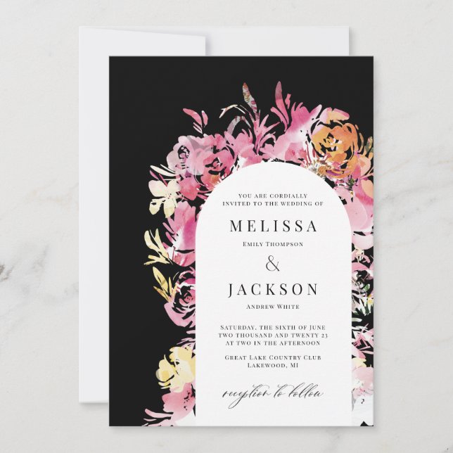 Black,  Pink and Blush Watercolor Abstract flower  Invitation (Front)