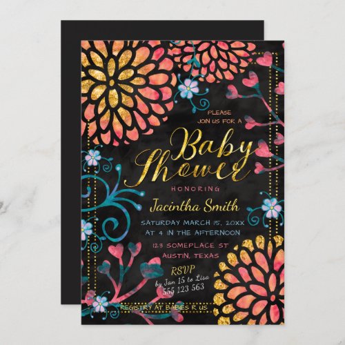 Black Pink and Gold Baby Shower Colorful Floral Invitation