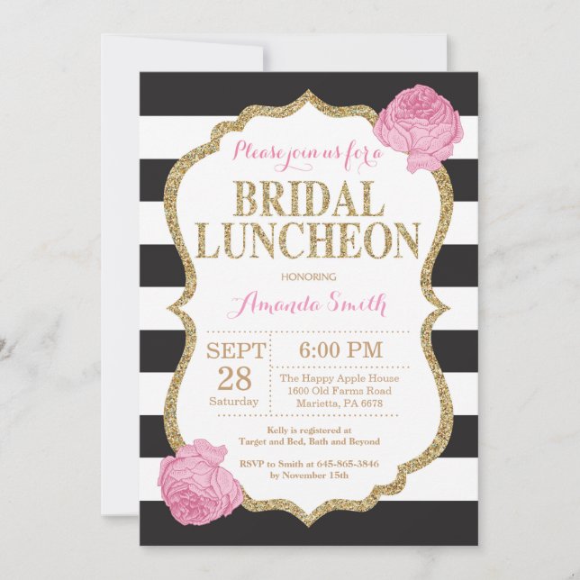 Black Pink and Gold Bridal Luncheon Invitation (Front)
