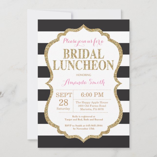 Black Pink and Gold Bridal Luncheon Invitation (Front)