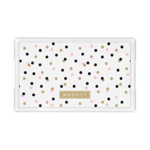 Black Pink and Gold Confetti Dots Monogram Acrylic Tray