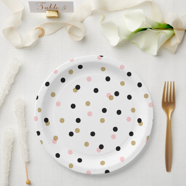 Black Pink and Gold Confetti Dots Paper Plates (Wedding)