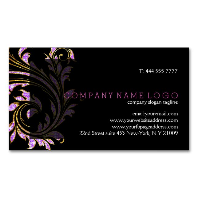 Black, Pink And Gold Floral Swirl Glitter Business Card Magnet (Front)