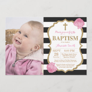 Black Pink and Gold Glitter Baptism Invitation