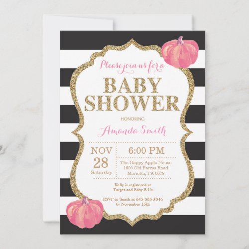 Black Pink and Gold Pumpkin Baby Shower Invitation