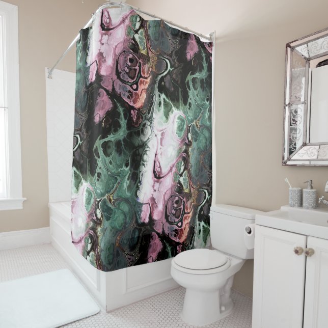 Black, pink and gray-green abstract tie dye marble shower curtain (In Situ)