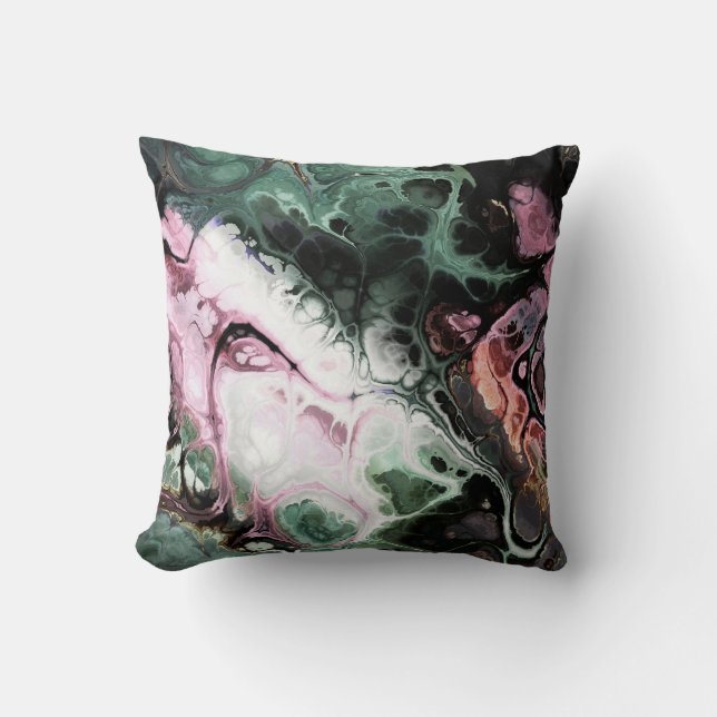 Black, pink and gray-green abstract tie dye marble throw pillow (Front)