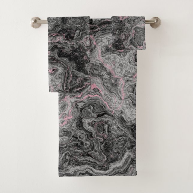 Black, Pink and Gray Marble abstract Bath Towel Set (Insitu)