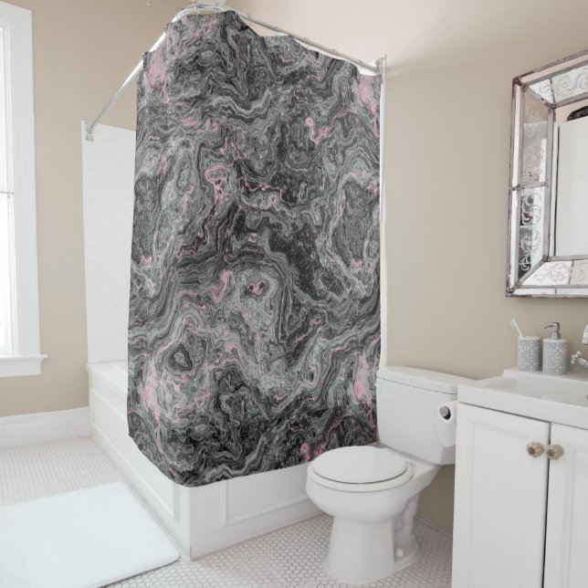 Black, Pink and Gray Marble abstract Shower Curtain (In Situ)
