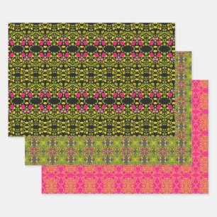 Black Pink and Green Patterned Wrapping Paper Sheets