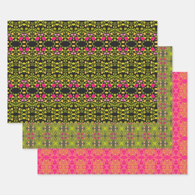 Black Pink and Green Patterned Wrapping Paper Sheets (Set)
