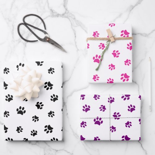 Black Pink and Purple Paw Prints Pattern Wrapping Paper Sheets