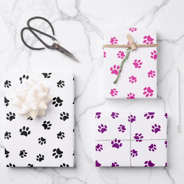 Black Pink and Purple Paw Prints Pattern Wrapping Paper Sheets (Front)