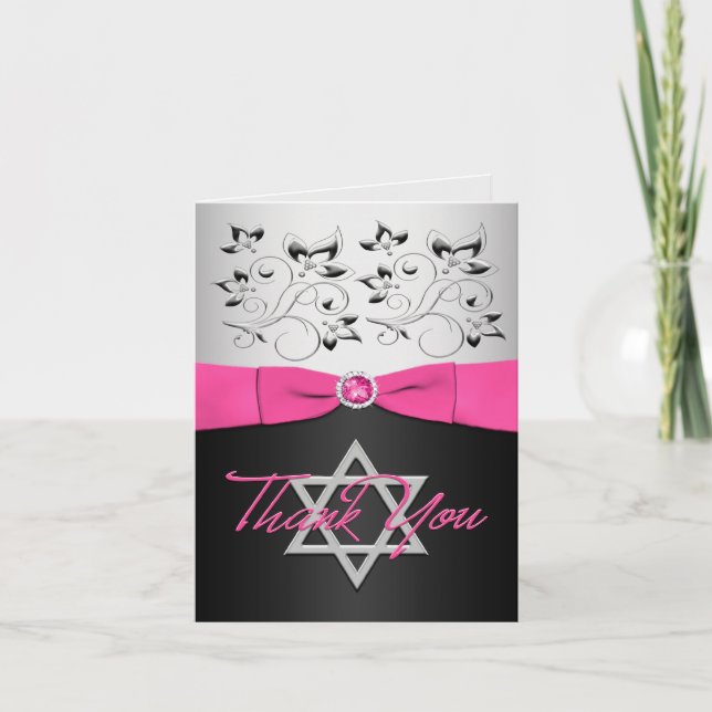 Black, Pink, and Silver Bat Mitzvah Thank You Card (Front)