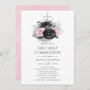 Black Pink and Silver Vintage Roses Holy Communion Invitation