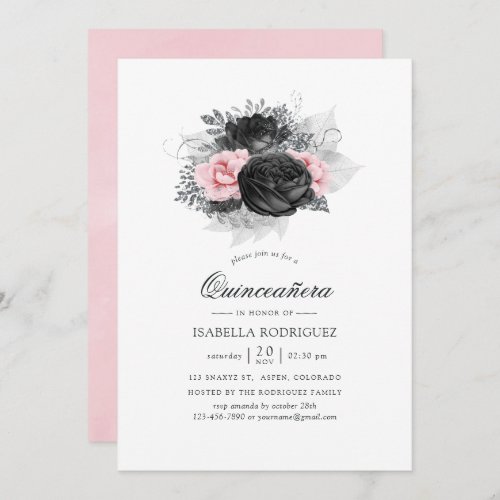 Black Pink and Silver Vintage Roses Quinceaera Invitation