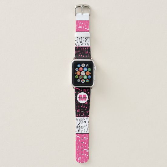Black pink and white music notes apple watch band