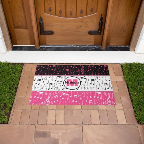 Black pink and white music notes doormat