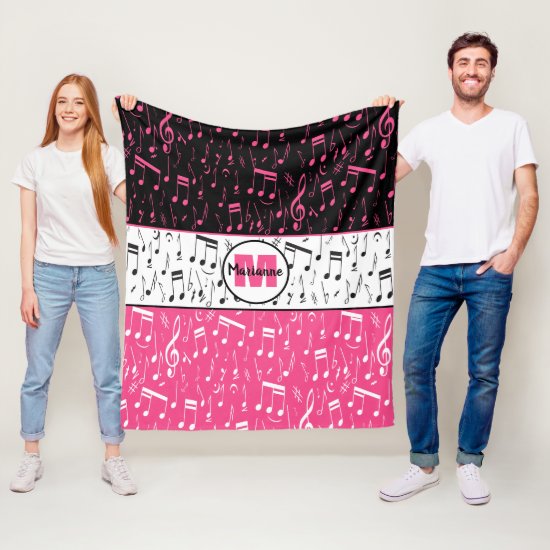 Black pink and white music notes fleece blanket
