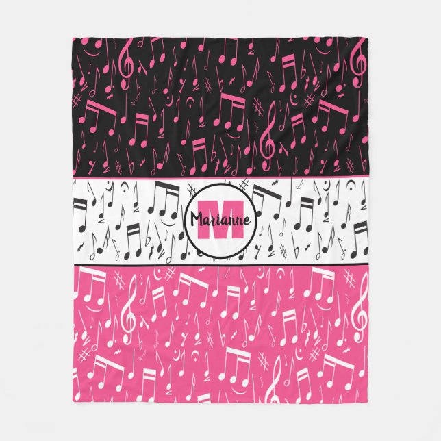 Black pink and white music notes fleece blanket (Front)