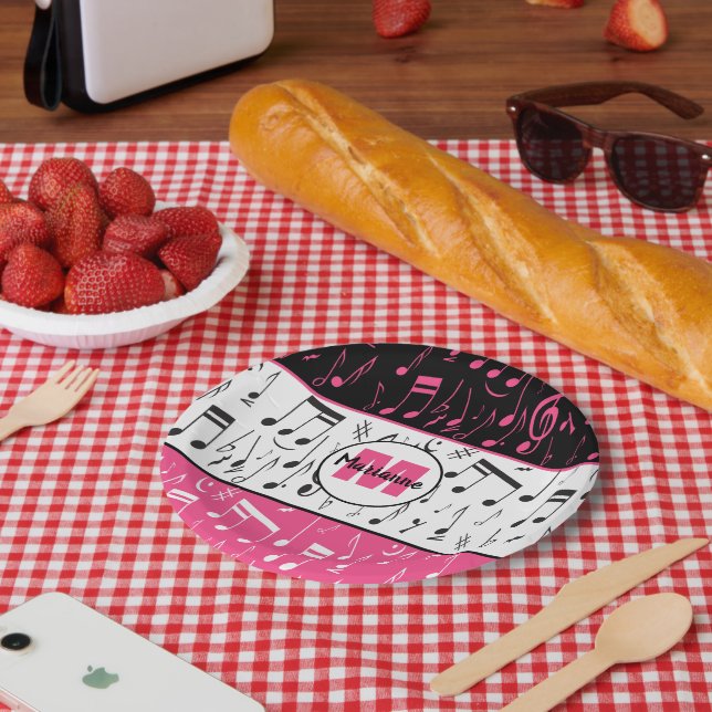 Black pink and white music notes  paper plates (Picnic)