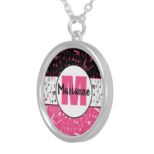 Black pink and white music notes   silver plated necklace
