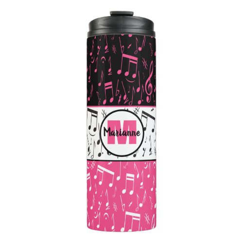 Black pink and white music notes thermal tumbler