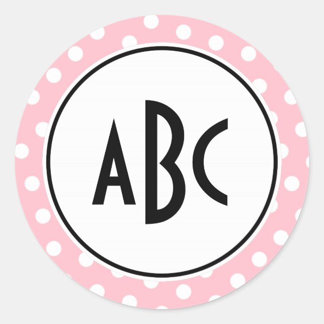 Black Pink and White Polka Dots Monogram Classic Round Sticker (Front)
