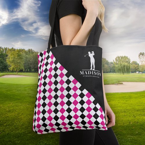 Black Pink Argyle Monogram Golfer Tote Bag