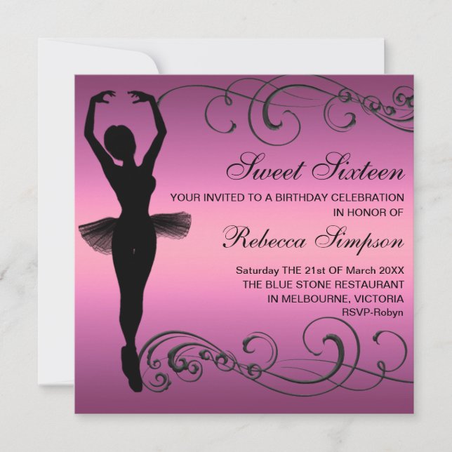 Black & Pink Ballerina & Swirl Birthday Invitation (Front)