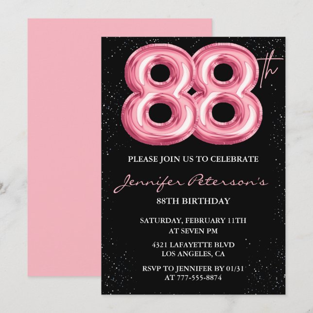 Black Pink Balloon Glam 88th birthday Invitation (Front/Back)