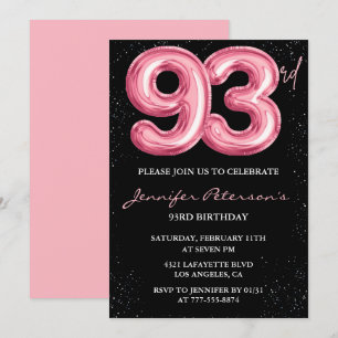 Black Pink Balloon Glam 93rd birthday Invitation