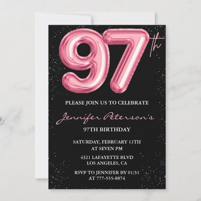 Black Pink Balloon Glam 97th birthday Invitation (Front)