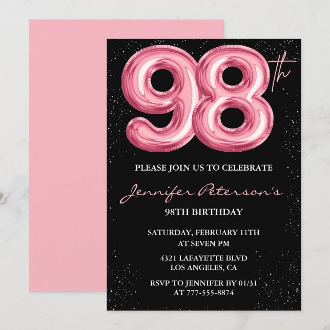 Black Pink Balloon Glam 98th birthday Invitation (Front/Back)