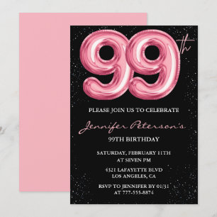 Black Pink Balloon Glam 99th birthday Invitation