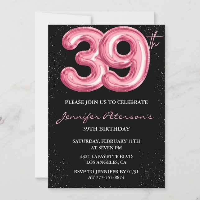 Black Pink Balloon Glam Glitter 39th birthday Invitation (Front)