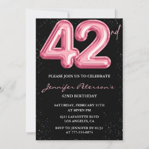 Black Pink Balloon Glam Glitter 42nd birthday Invitation