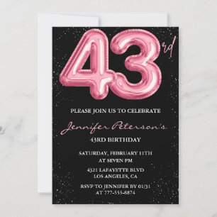 Black Pink Balloon Glam Glitter 43rd birthday Invitation